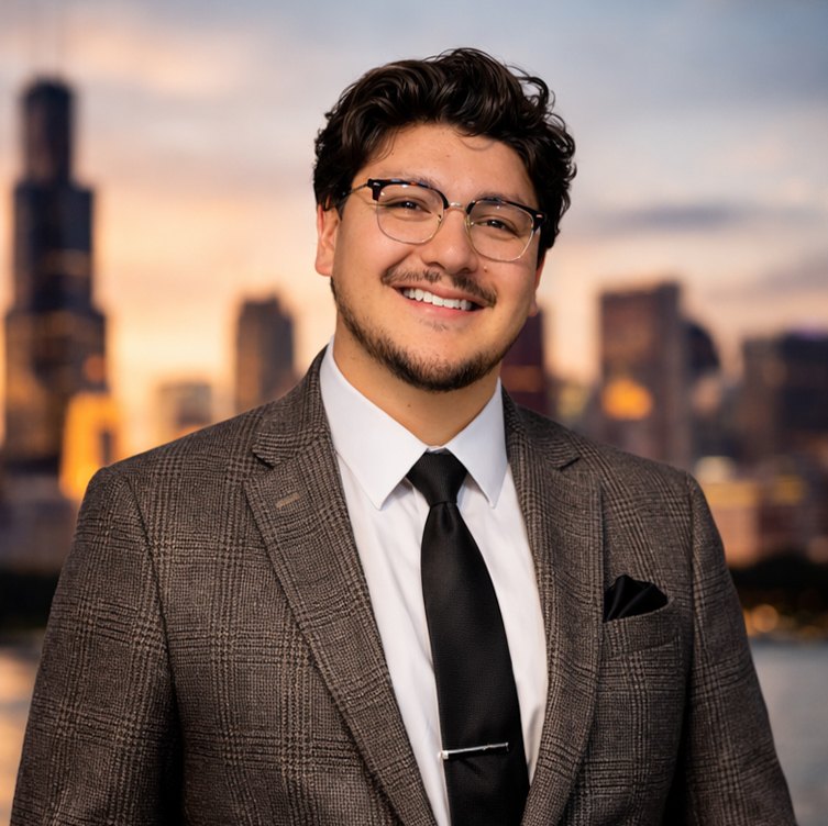 Jose Eduardo Hernandez in front of the Chicago skyline