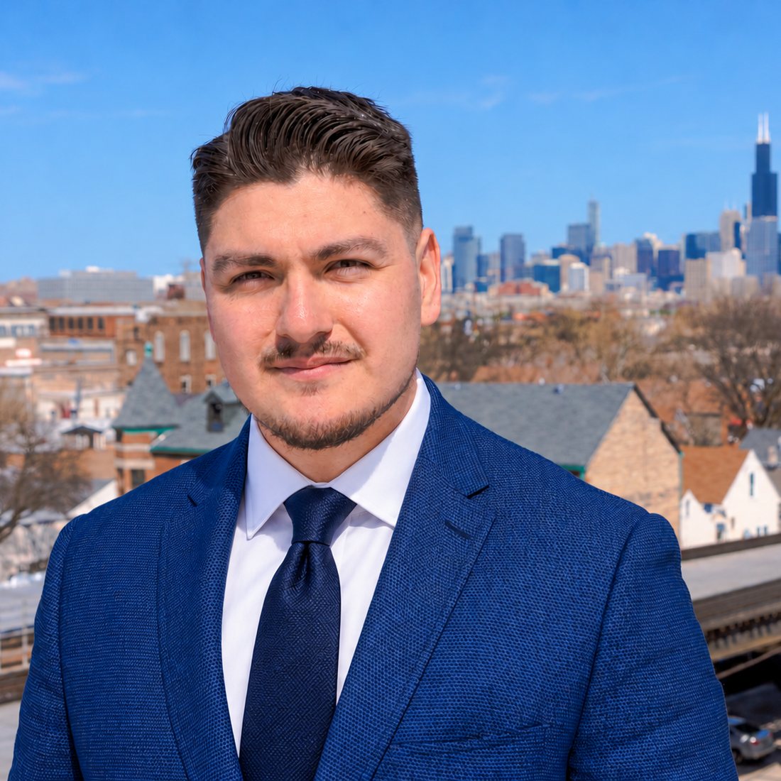 Jose Eduardo Hernandez on a rooftop with the Chicago skyline and an L train behind him